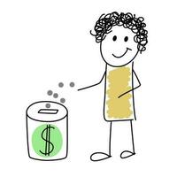 Doodle cartoon funny character putting money in a piggy bank. Vector illustration