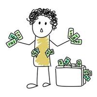gracioso dibujos animados garabatear personaje participación dinero. un maleta lleno de dinero. acuerdo y ahorro dinero. vector ilustración
