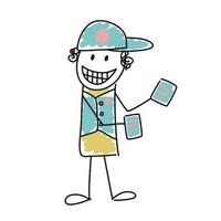 Funny cartoon doodle simple character in uniform handing out flyers. Vector illustration