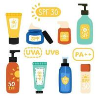 conjunto de protector solar, Dom proteccion productos en plano estilo. crema, tubos, botellas y rociar con spf. conjunto de uva, ultravioleta, Pensilvania, spf iconos vector ilustración