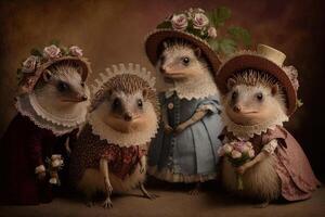 hedgehog animals dressed in victorian era clothing illustration photo