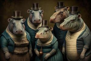 hipopótamo animales vestido en victoriano era ropa ilustración generativo ai foto