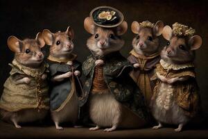 Group of mouse animals dressed in victorian era clothing illustration photo