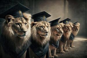 leones en pie en un línea, vistiendo graduación tapas y batas, con un orgulloso Mira en su caras ilustración generativo ai foto