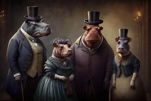 hippo animals dressed in victorian era clothing illustration photo