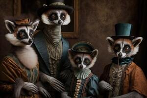 lemur animals dressed in victorian era clothing illustration photo