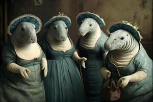 manatee animals dressed in victorian era clothing illustration photo