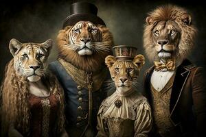 león animales vestido en victoriano era ropa ilustración generativo ai foto