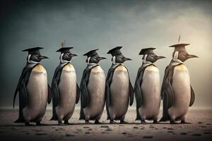 pingüinos en pie en un línea, vistiendo graduación tapas y batas, con un orgulloso Mira en su caras ilustración generativo ai foto