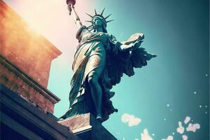 estatua de libertad escapando corriendo fuera de nuevo York ciudad ilustración generativo ai foto