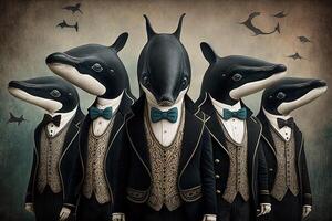orcas killer whale animals dressed in victorian era clothing illustration photo