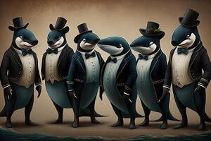 orcas killer whale animals dressed in victorian era clothing illustration photo