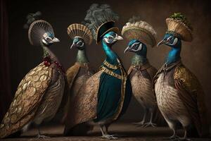 Peacock animals dressed in victorian era clothing illustration photo