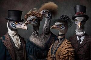 Ostricht animals dressed in victorian era clothing illustration photo