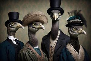 Ostricht animals dressed in victorian era clothing illustration photo