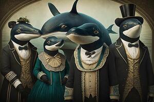 orcas asesino ballena animales vestido en victoriano era ropa ilustración generativo ai foto