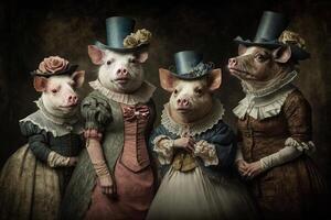 pigs animals dressed in victorian era clothing illustration photo