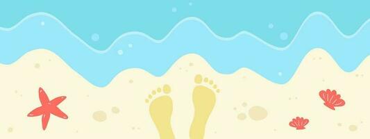 Sea beach banner. Vector illustration of waves and footprints in sand. Drawing of starfish and shells. Summer background.