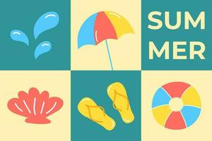 Summer collage. Vector illustration of sea beach objects and elements, umbrella, shell, ball, water drops, flip flops. Text design.