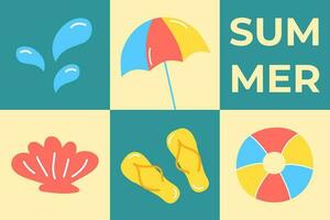 Summer collage. Vector illustration of sea beach objects and elements, umbrella, shell, ball, water drops, flip flops. Text design.