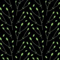 Seamless plant pattern with green twigs. Vector illustration of botanical ornament. Dark floral background.