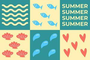 Summer positive collage. Vector illustration of sea beach objects and elements, fishes, shells, waves, water drops, hearts. Text design.