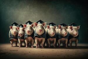 Pigs standing in a line, wearing graduation caps and gowns, with a proud look on their faces illustration photo