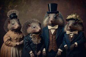 Porcupine animals dressed in victorian era clothing illustration photo