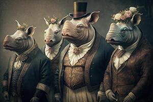 Rhinos animals dressed in victorian era clothing illustration photo