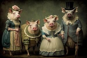 cerdos animales vestido en victoriano era ropa ilustración generativo ai foto