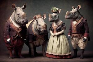 rinocerontes animales vestido en victoriano era ropa ilustración generativo ai foto