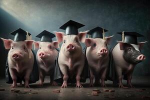 Pigs standing in a line, wearing graduation caps and gowns, with a proud look on their faces illustration generative ai photo