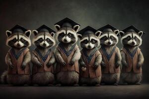 Racoons standing in a line, wearing graduation caps and gowns, with a proud look on their faces illustration photo