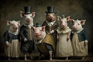 cerdos animales vestido en victoriano era ropa ilustración generativo ai foto