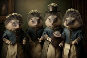 Porcupine animals dressed in victorian era clothing illustration photo