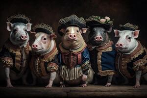 pigs animals dressed in victorian era clothing illustration photo