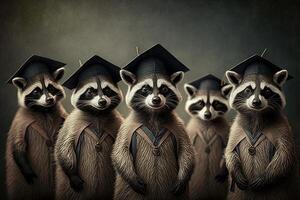 Racoons standing in a line, wearing graduation caps and gowns, with a proud look on their faces illustration photo