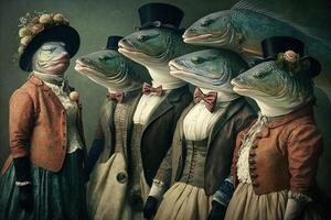 Salmon fish animals dressed in victorian era clothing illustration photo