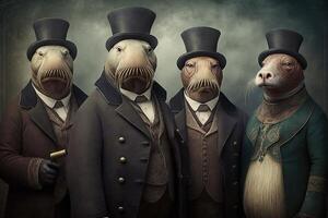 Walrus animals dressed in victorian era clothing illustration photo