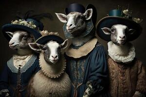 Sheep animals dressed in victorian era clothing illustration photo