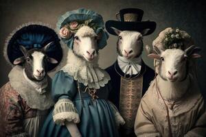Sheep animals dressed in victorian era clothing illustration photo