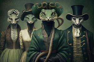 serpiente animales vestido en victoriano era ropa ilustración generativo ai foto