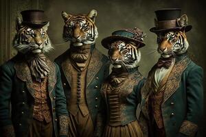 Tigre animales vestido en victoriano era ropa ilustración generativo ai foto