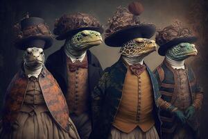 Turtles animals dressed in victorian era clothing illustration photo