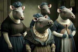 Tapir animals dressed in victorian era clothing illustration photo