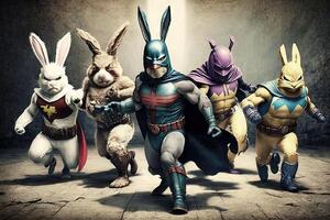 Group of superheroes wearing Easter bunny costumes Easter illustration photo