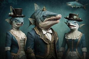 tiburón animales vestido en victoriano era ropa ilustración generativo ai foto
