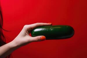 hembra mano de mujer participación largo gigante Pepino en rojo antecedentes ilustración generativo ai foto