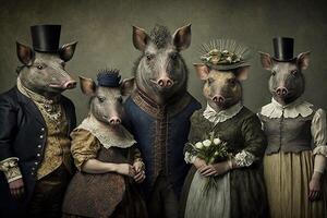 Wild boar pigs animals dressed in victorian era clothing illustration generative ai photo