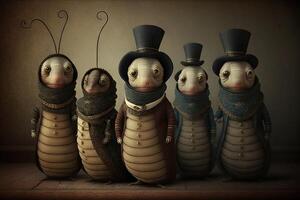 Worms animals dressed in victorian era clothing illustration photo